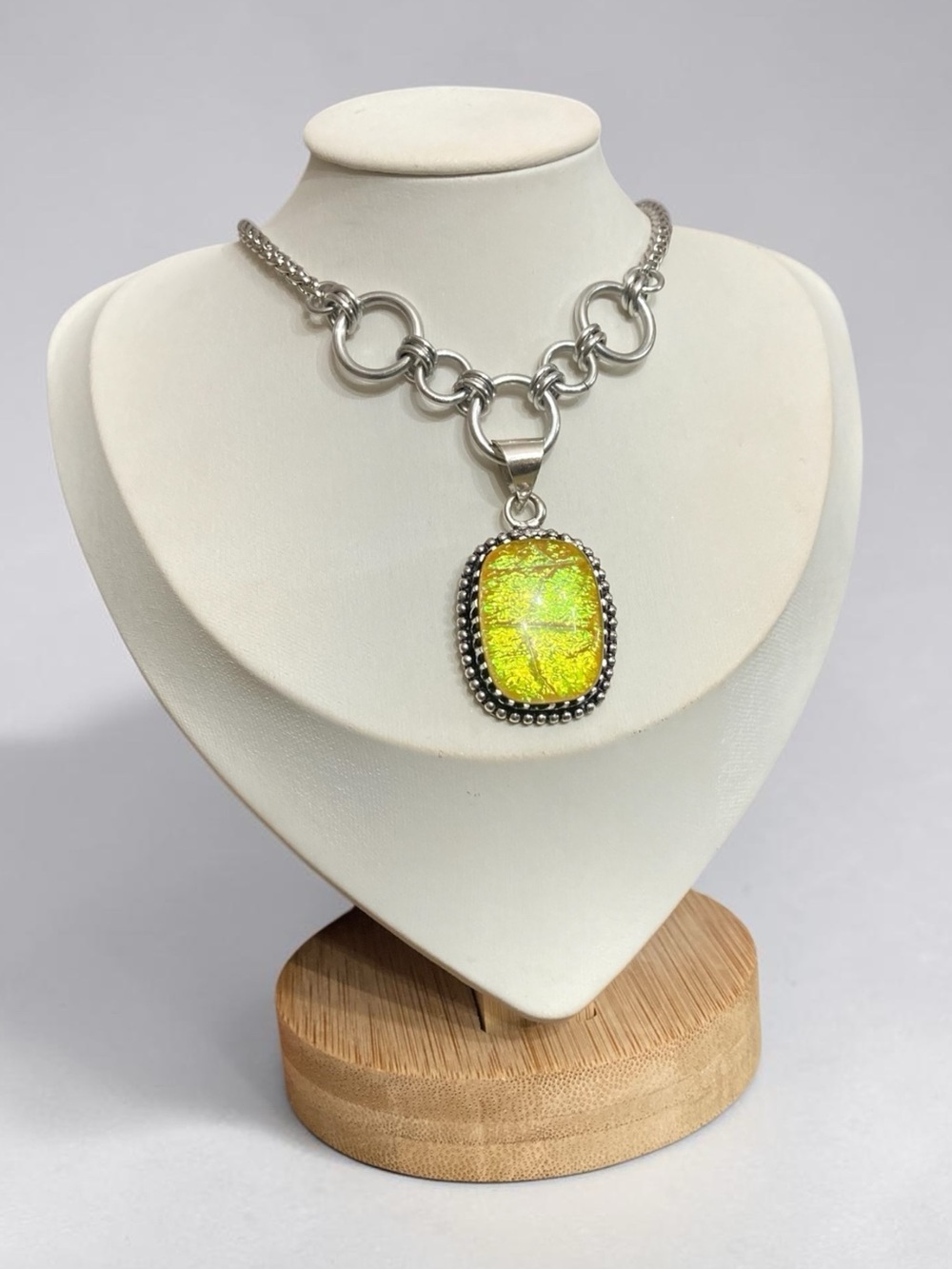 925 Sterling silver overlay man made yellow fire opal glass boho necklace